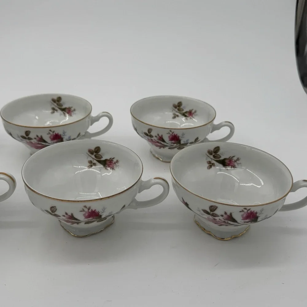 Vintage Royal Rose Fine China Japan Teacups Lot Of 7 Pink Floral Gold‎ Trim